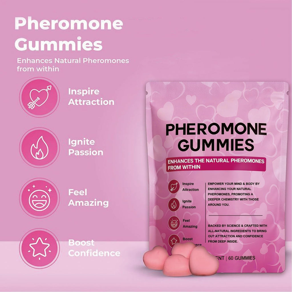 Pheromone Gummies for Women with Slippery Elm – Enhance Confidence & Attraction – Hormone Balance & Body Odor Support, Non-Gmo, Sugar Free, Gluten-Free, Vegan, Strawberry Flavor, 60 Gummies
