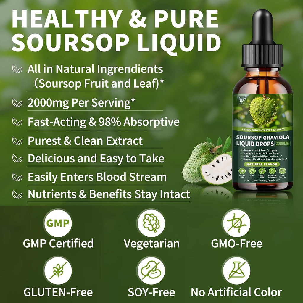 Soursop Graviola Liquid Drops 2000Mg, Organic Soursop Extract - 98% Absorption Soursop Bitters Liquid for Cell Support & Regeneration and Immune Boost, Sugar/Gluten Free, Natural Flavor, 2 Fl Oz