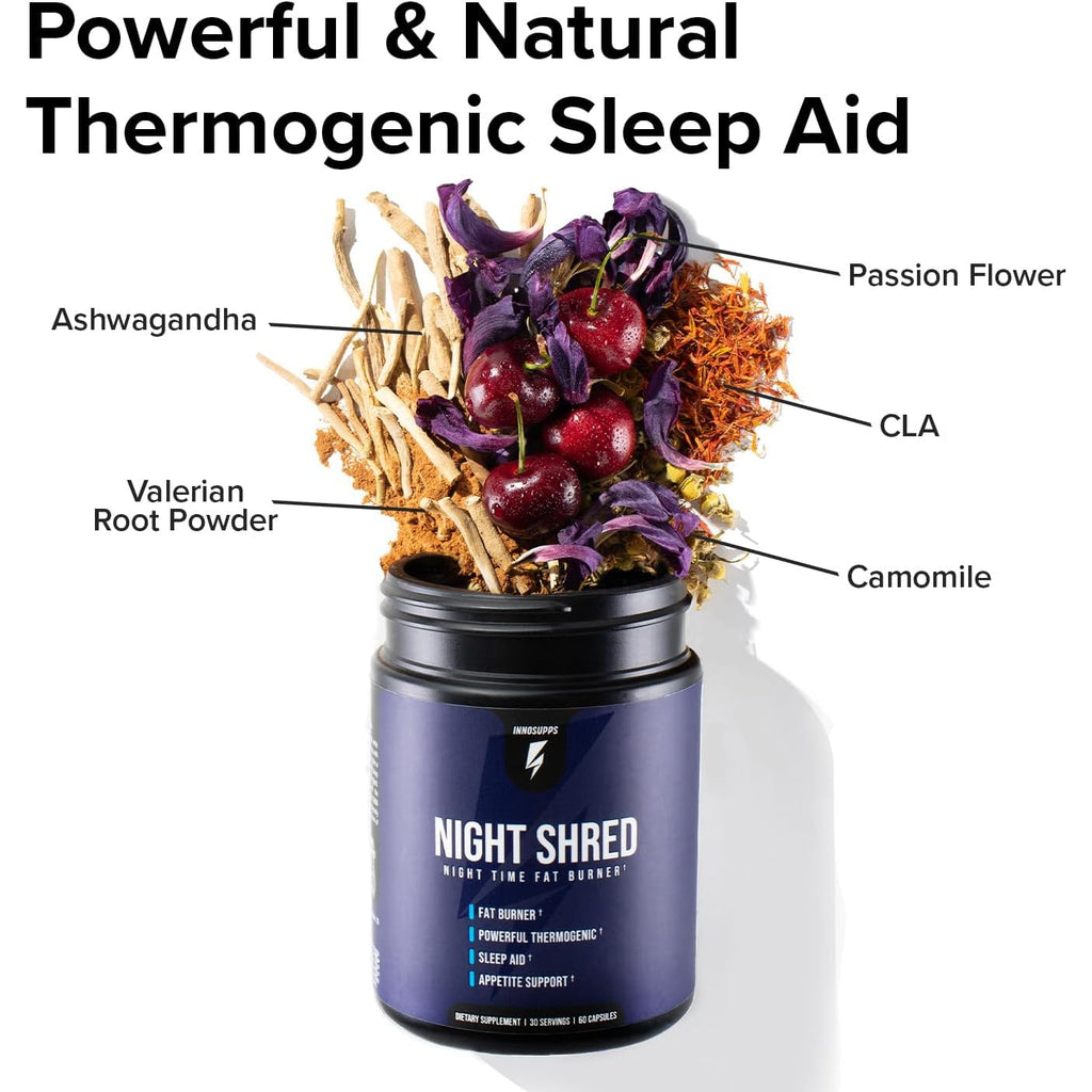 Innosupps Night Shred - Night Time Fat Burner, Weight Loss, and Natural Sleep Support Ashwagandha, 5-HTP, CLA, Melatonin Appetite Suppressant Fat Burning 60 Vegetarian Capsule / 30 Day Supply