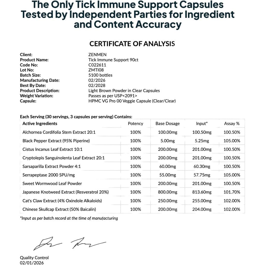 Zenmen Tick Immune Support Supplement - Improved Formula - Japanese Knotweed, Cat'S Claw, Chinese Skullcap, Cryptolepis Sanguinolenta, Sweet Wormwood - 90 Vegan Capsules, Made in the USA