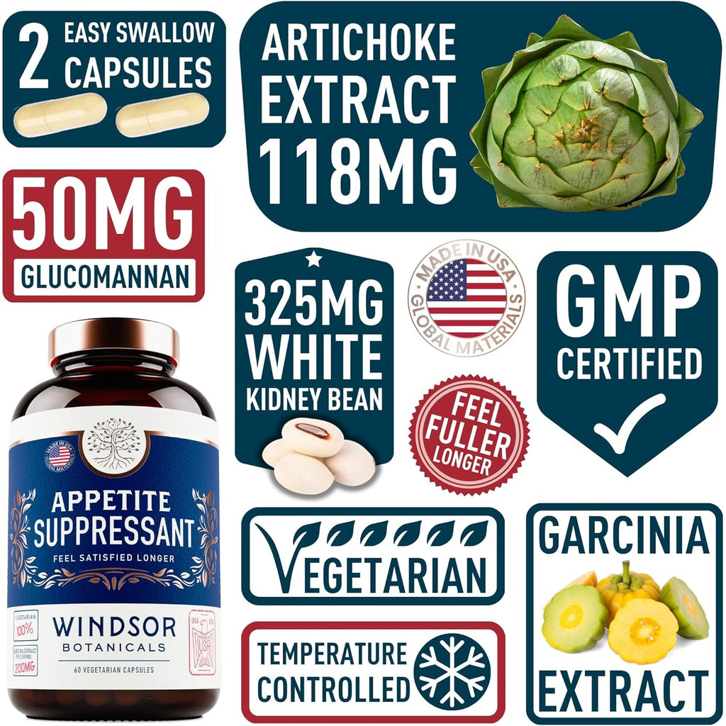 Appetite Suppressant for Weight Loss - Garcinia Cambogia Weight Loss Pills, White Kidney Bean Extract, Artichoke, Glucomannan - Hunger & Craving Suppressant, Metabolism Booster - 60 Veggie Diet Pills
