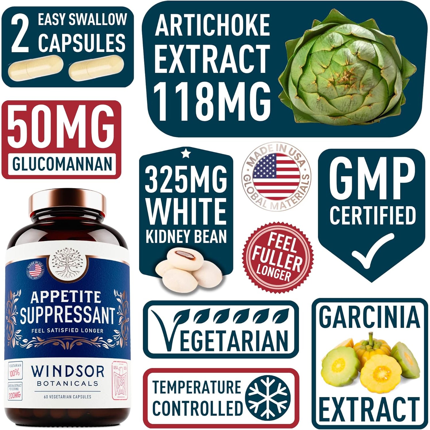 Appetite Suppressant for Weight Loss - Garcinia Cambogia Weight Loss Pills, White Kidney Bean Extract, Artichoke, Glucomannan - Hunger & Craving Suppressant, Metabolism Booster - 60 Veggie Diet Pills