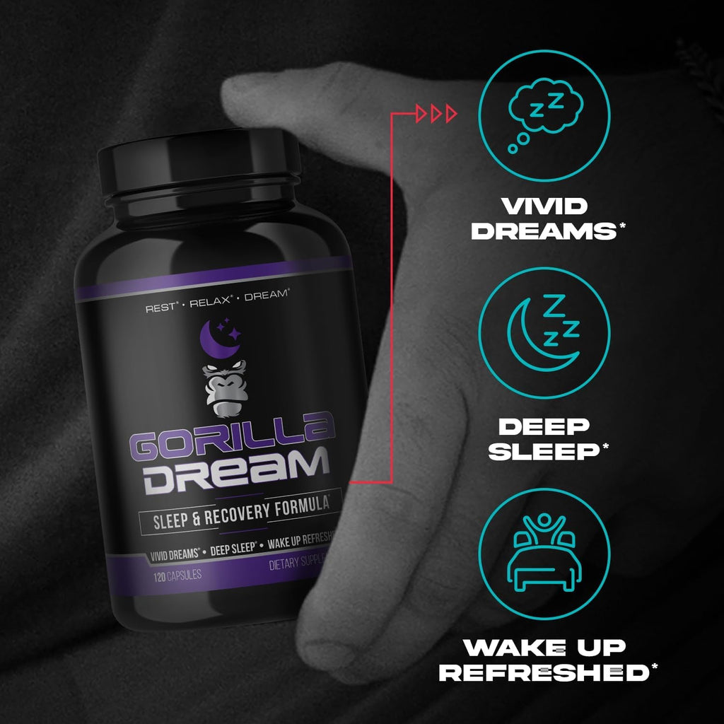 Gorilla Mind Dream Sleep Supplement (120 Capsules) - Nootropic Infused Comprehensive Sleep & Recovery Supplement - GABA, Melatonin, Valerian Root, Magnesium, L-Theanine, Sensoril, Ashwagandha & More