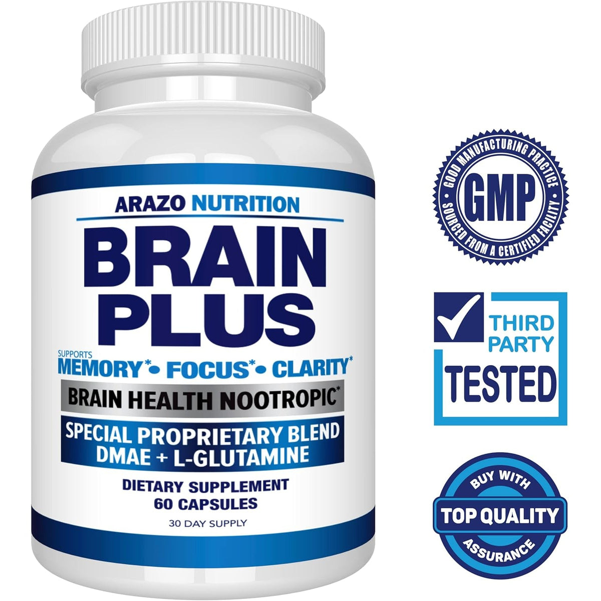 Arazo Nutrition Premium Brain Function Supplement – Memory, Focus, Clarity – Nootropic Booster with DMAE, Bacopa Monnieri, L-Glutamine, Multi Vitamins, Multi Minerals