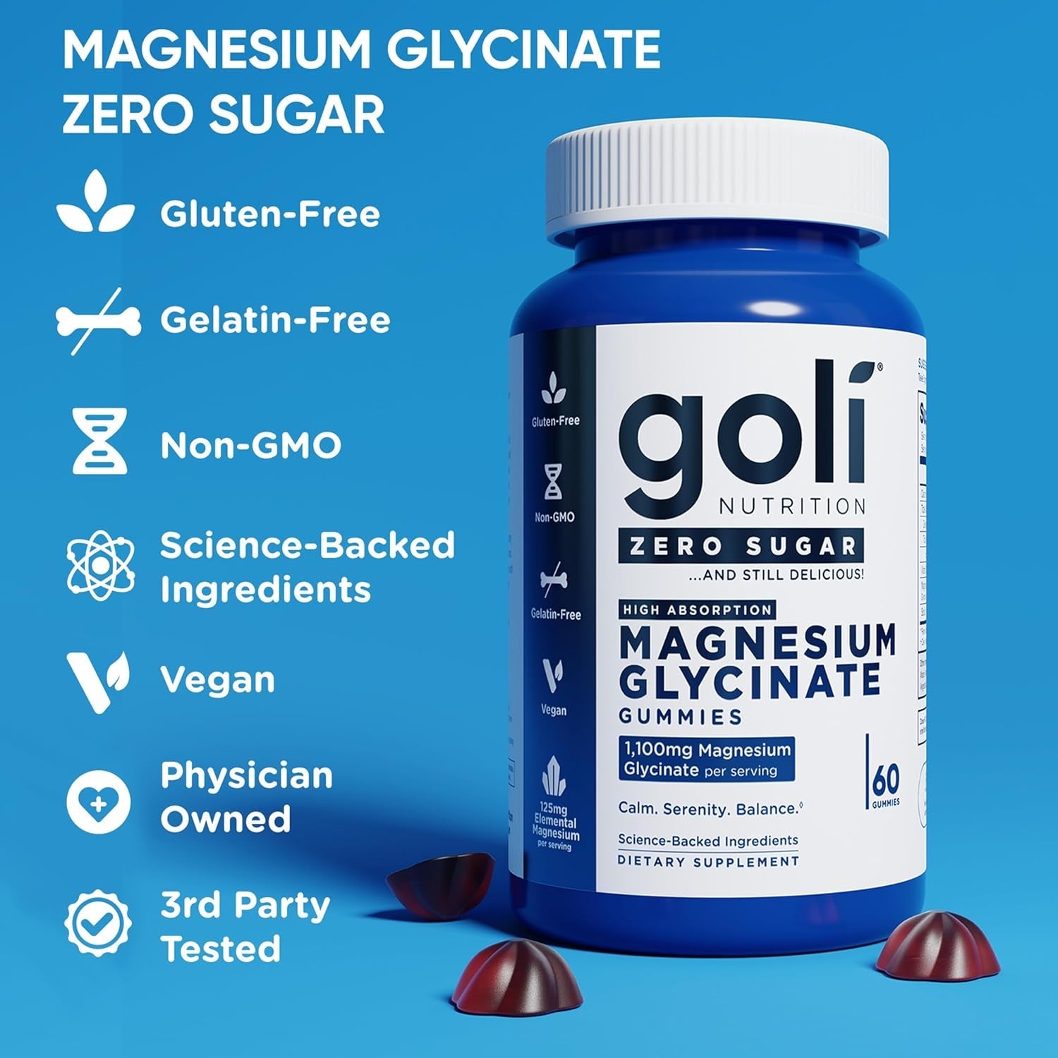 Goli Zero Sugar Magnesium Gummies - 125Mg Magnesium Citrate with Vitamin D - No Artificial Sweeteners, No Sugar Alcohols - Vegan, Keto-Friendly, Gluten-Free