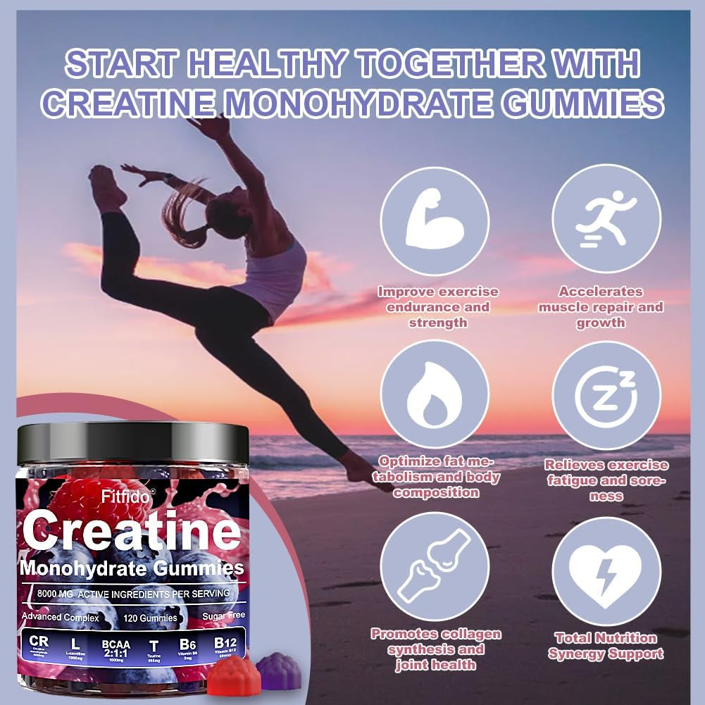 Creatine Monohydrate Gummies Complex 5000Mg for Men and Women, Containing L-Carnitine & Taurine, Build Muscle, Boost Energy, Faster Recovery, Sugar Free & Vegan, Raspberry & Blackberry, 120 Count