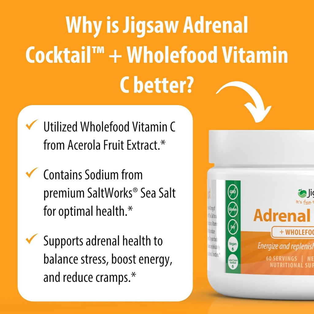 Jigsaw Health Adrenal Cocktail + Wholefood Vitamin C | with Potassium Bicarbonate, Sea Salt, and Acerola Cherry Extract | 60 Servings (Jar)