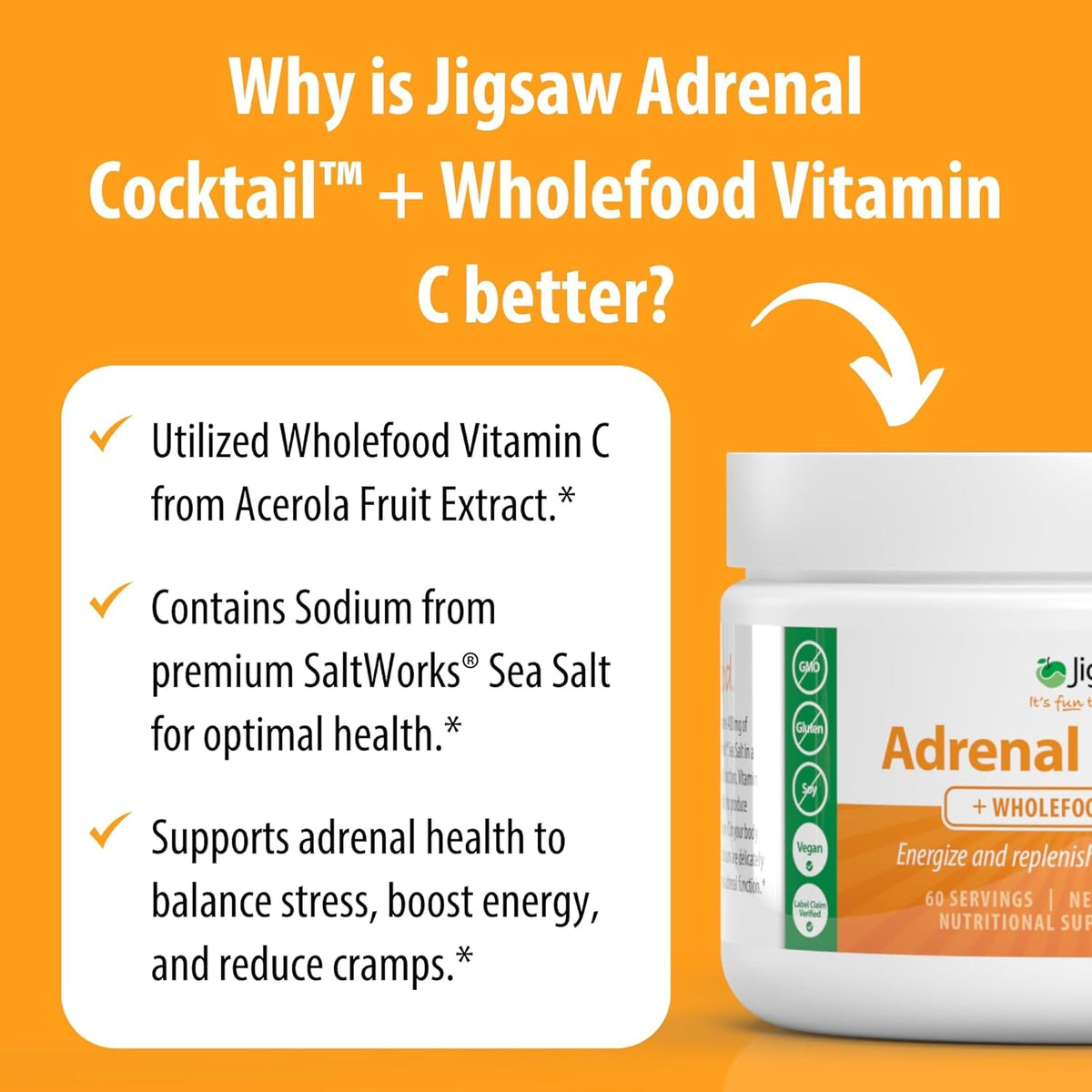 Jigsaw Health Adrenal Cocktail + Wholefood Vitamin C | with Potassium Bicarbonate, Sea Salt, and Acerola Cherry Extract | 60 Servings (Jar)