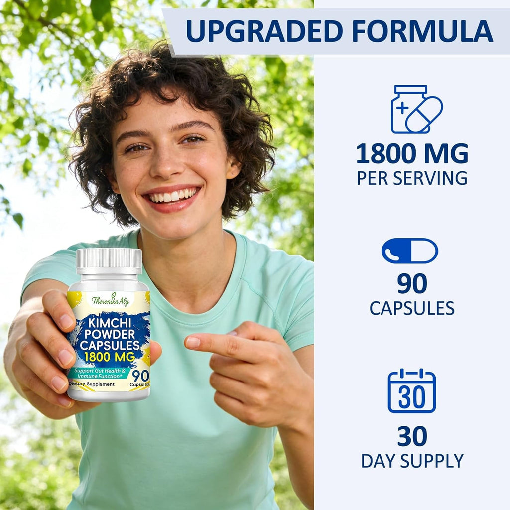Kimchi Probiotic Capsules, Fermented Kimchi Powder with 10 Billion CFU Probiotics & Prebiotic Inulin, Gut Health & Digestive Support, Fermented Vegetable Superfood Supplement, 90 Vegan Capsules