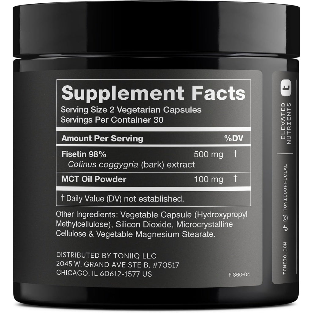 Toniiq Ultra High Purity Fisetin 500Mg - 98%+ Higly Purified & Bioavailable Fisetin Supplement with MCT Oil for Absorption - Third-Party Tested Senolytic Supplements for Aging Support - 60 Capsules