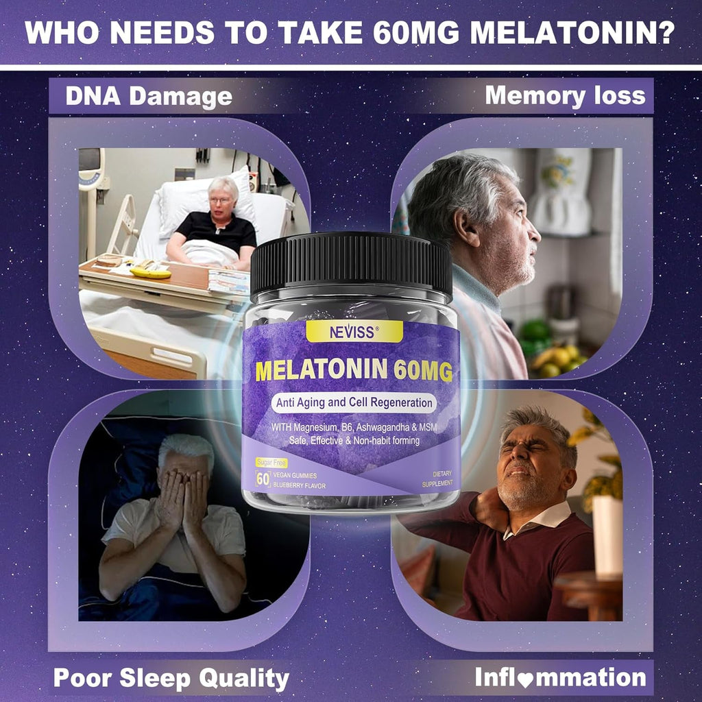 Antioxidant & Brain Support Melatonin 60Mg 30Mg for 50+ Adults | High Dose Melatonin for Anti-Aging & Immune | Extra Strength Melatonin Gummies with B6, Ashwagandha, Magnesium, MSM - 60 Gummies