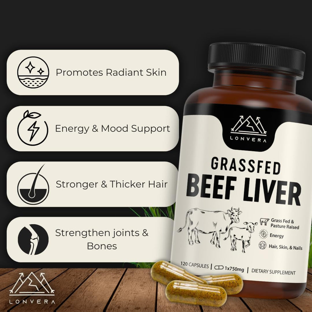 Lonvera Grass Fed Beef Liver Capsules for Women and Men – 3000Mg Freeze Dried Desiccated Organs – Nutrient Source for Joints, Bones, Hair, Skin, Nails & Daily Energy – 120 Pasture-Raised Capsules