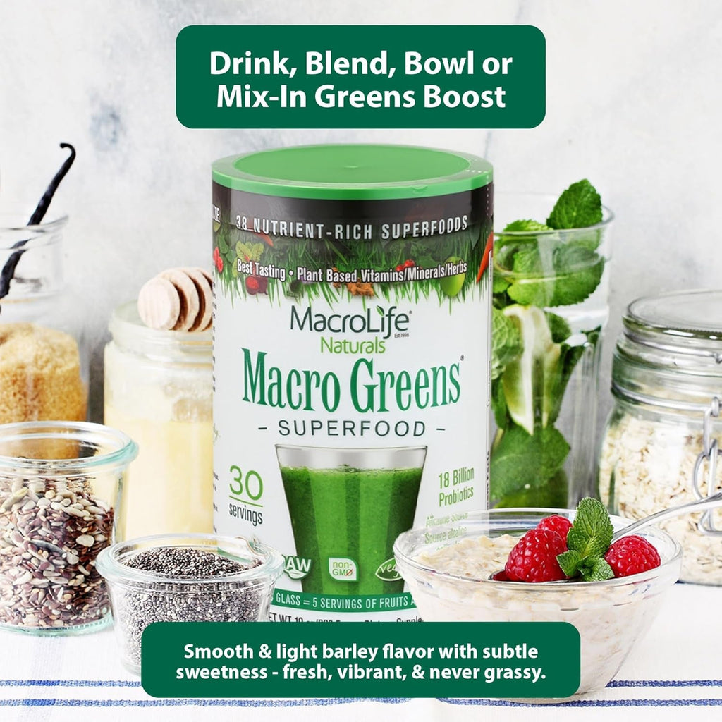 Macrolife Naturals Macro Greens Superfood Powder – 38 Superfoods with Probiotics, Digestive Enzymes & Adaptogens | Non GMO, Vegan, Gluten Free | 18B CFU | 10 Oz (30 Servings)