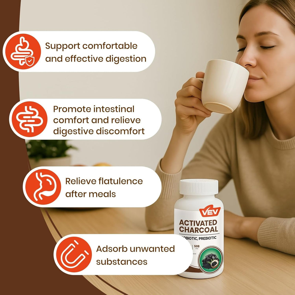 VEV Activated Charcoal with Organic Coconut Shell Charcoal & 50 Billion Probiotics – 120 Vegan Capsules for Digestive Wellness & Dietary Support