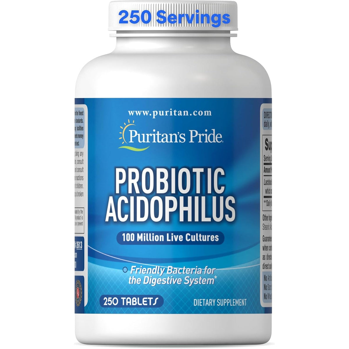 Puritan'S Pride Daily Probiotic Acidophilus, 100 Million Live Cultures, Dietary Supplement for Digestive, Gut, and Immune Health, Soy, Sodium, and Gluten Free, 8 Month Supply, 250 Tablets