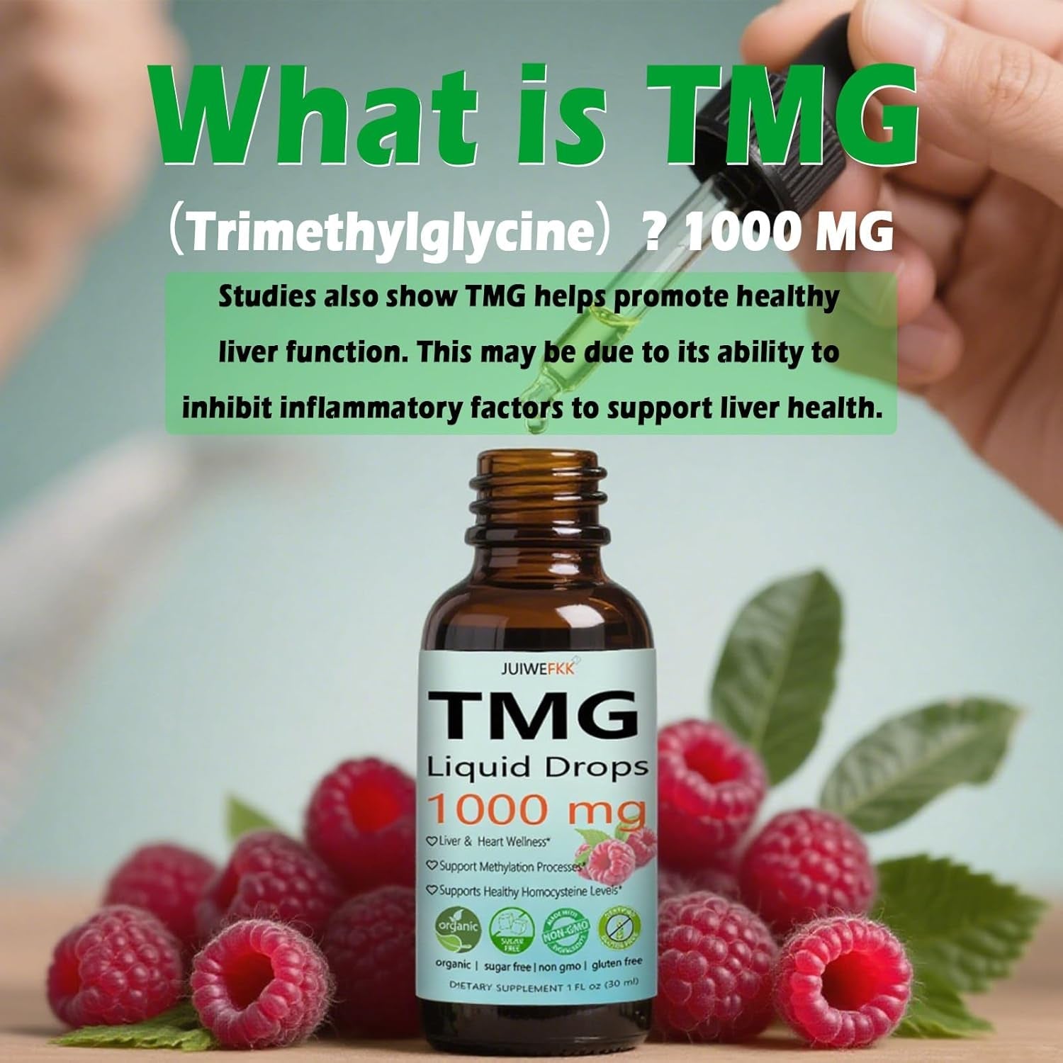 TMG Supplements 1000Mg Liquid, Extra Strength Pure TMG Betaine (Trimethylglycine) for Women Men, Support Homocysteine Balance Heart Brain & Liver Health, Vegan, Non-Gmo, Raspberry Flavor, 30 Servings