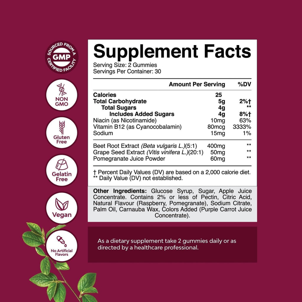 Flow Boosting Beet Root Gummies - Invigorating Beet Gummies for Adults Nitric Oxide Energy & Heart Health Support with Grapeseed Pomegranate & Vitamin B12 - Vegan Non-Gmo & Gluten Free - 60 Count