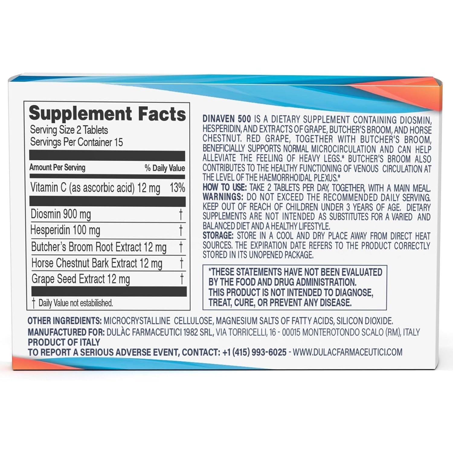 Dulac Dinaven 500, Micronized Diosmin Hesperidin Dietary Supplement 1000Mg per Serving, Horse Chestnut Extract, Butcher’S Broom & Red Grape Extract, Leg Circulation Support, 30 Tablets, Made in Italy