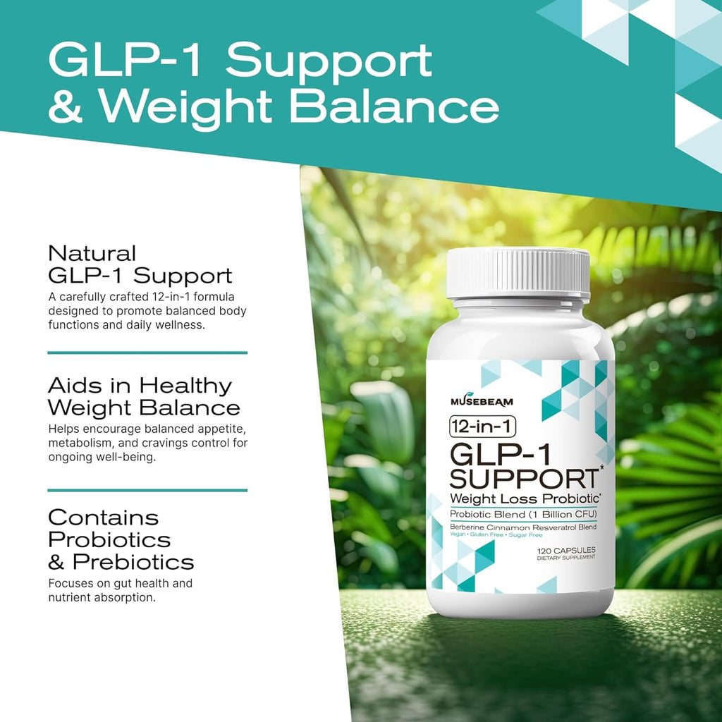Musebeam GLP-1 Support Probiotic Weight Loss Supplement - Women Men GLP1 Support with Berberine - Appetite Suppressant Hunger Control Metabolism Fat Burn & Gut Health Support
