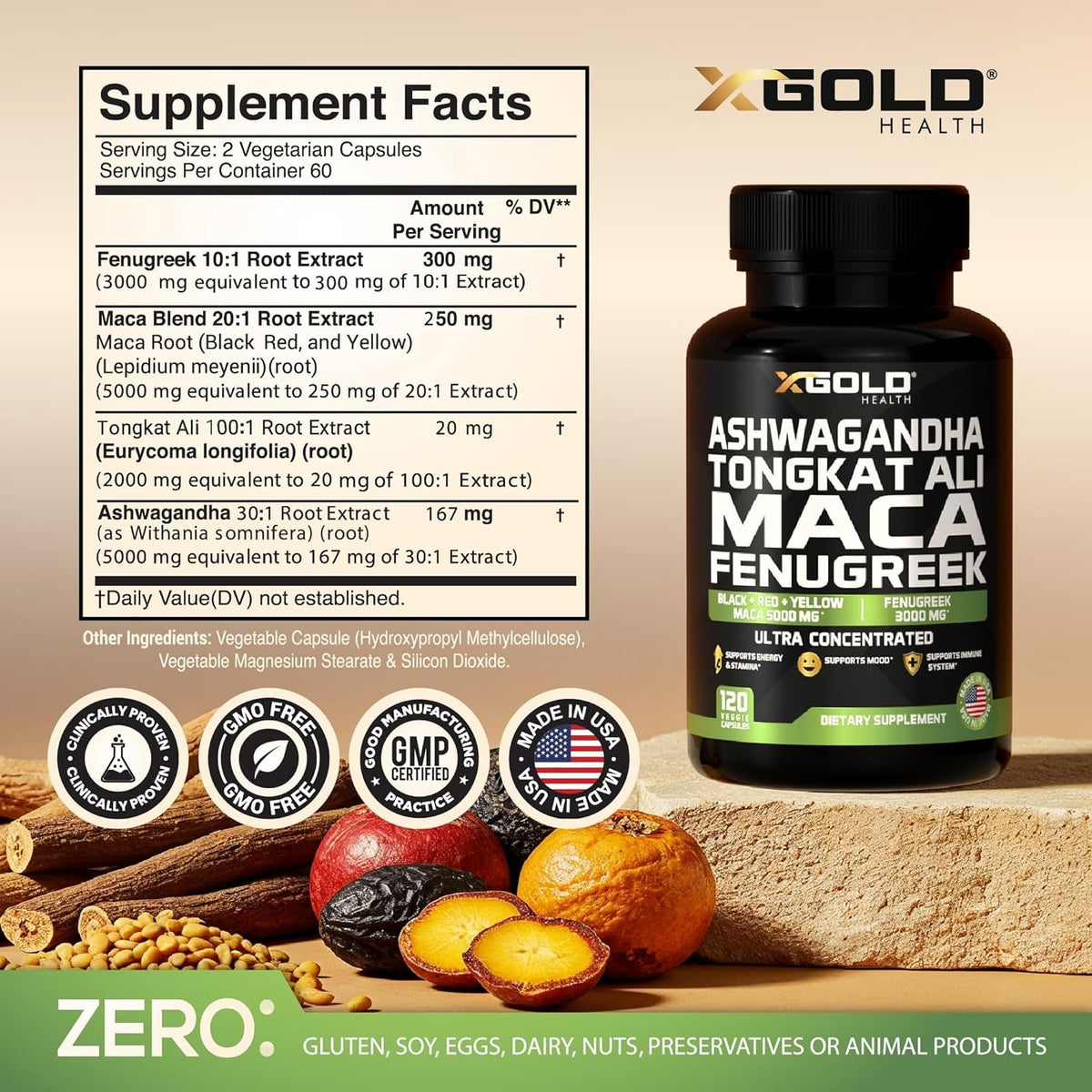 Ashwagandha 30:1 + Tongkat Ali 100:1 + Maca Root 20:1 + Fenugreek 10:1 Extract Supplement for Men & Women | High Potency Herbal Complex | Energy, Vitality & Performance Support | Made in USA