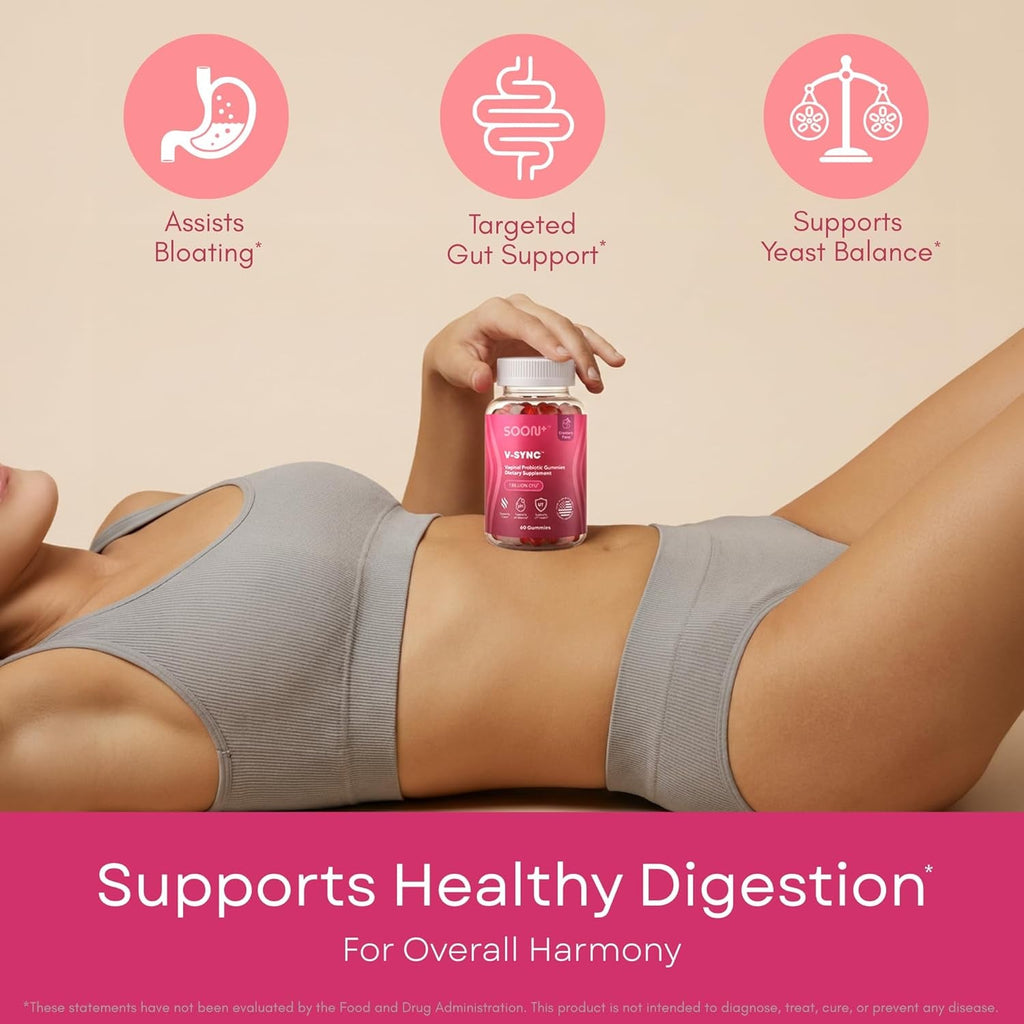 SOON+ Feminine Balance Gummies for Women, V-Sync Pineapple Probiotics for Ph Balance Support * Vaginal, Urinary, Immune, Digestive Wellness * with Bacillus Coagulans, Cranberry, Vitamin C, 60 Gummies