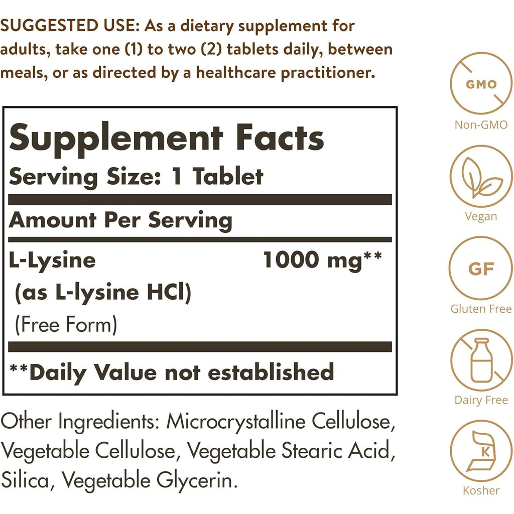 Solgar L-Lysine 1000 Mg, 250 Tablets - Enhanced Absorption and Assimilation - Promotes Integrity of Skin and Lips - Collagen Support - Amino Acids - Non-Gmo, Vegan, Gluten Free - 250 Servings