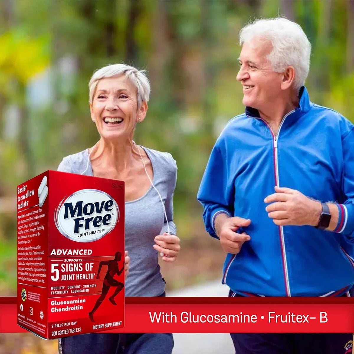 Move Free Advanced Glucosamine Chondroitin + Calcium Fructoborate Joint Support Supplement, Supports Mobility Comfort Strength Flexibility & Lubrication - 200 Tablets (100 Servings)*