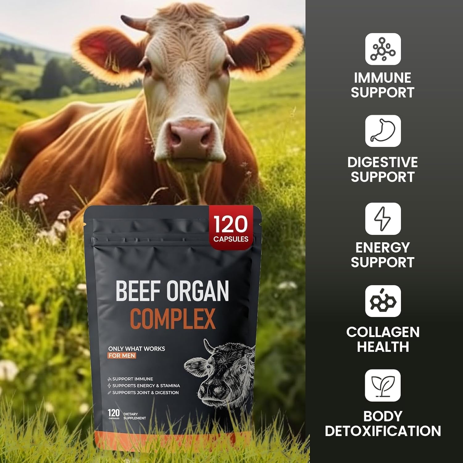 Beef Organ Complex Supplement, 120 Capsules Grass Fed Beef Liver Capsules, Immune Support, Gluten Free, Non-Gmo (1)