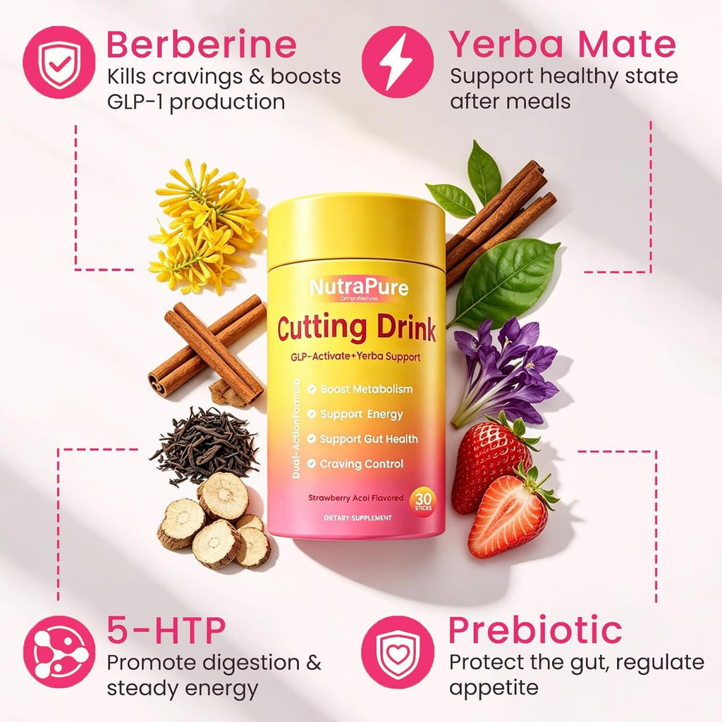 GLP-1 Cutting Drink Mix | Berberine, Cinnamon, Yerba Mate, 5-HTP & FOS | Supports Satiety, Energy & Gut Health | Strawberry Açaí Flavor | Vegan, Sugar-Free - 30 Sticks (1 Box)