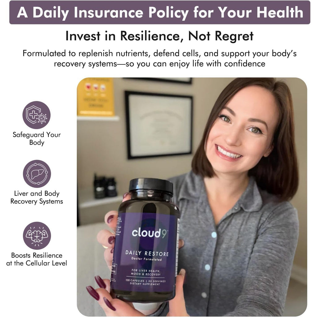 Cloud9 Daily Restore – Liver Detox & Recovery Supplement with Milk Thistle, NAC & B-Vitamins – Energy, Focus & Nutrient Support after Drinking – 120 Capsules – Made in USA