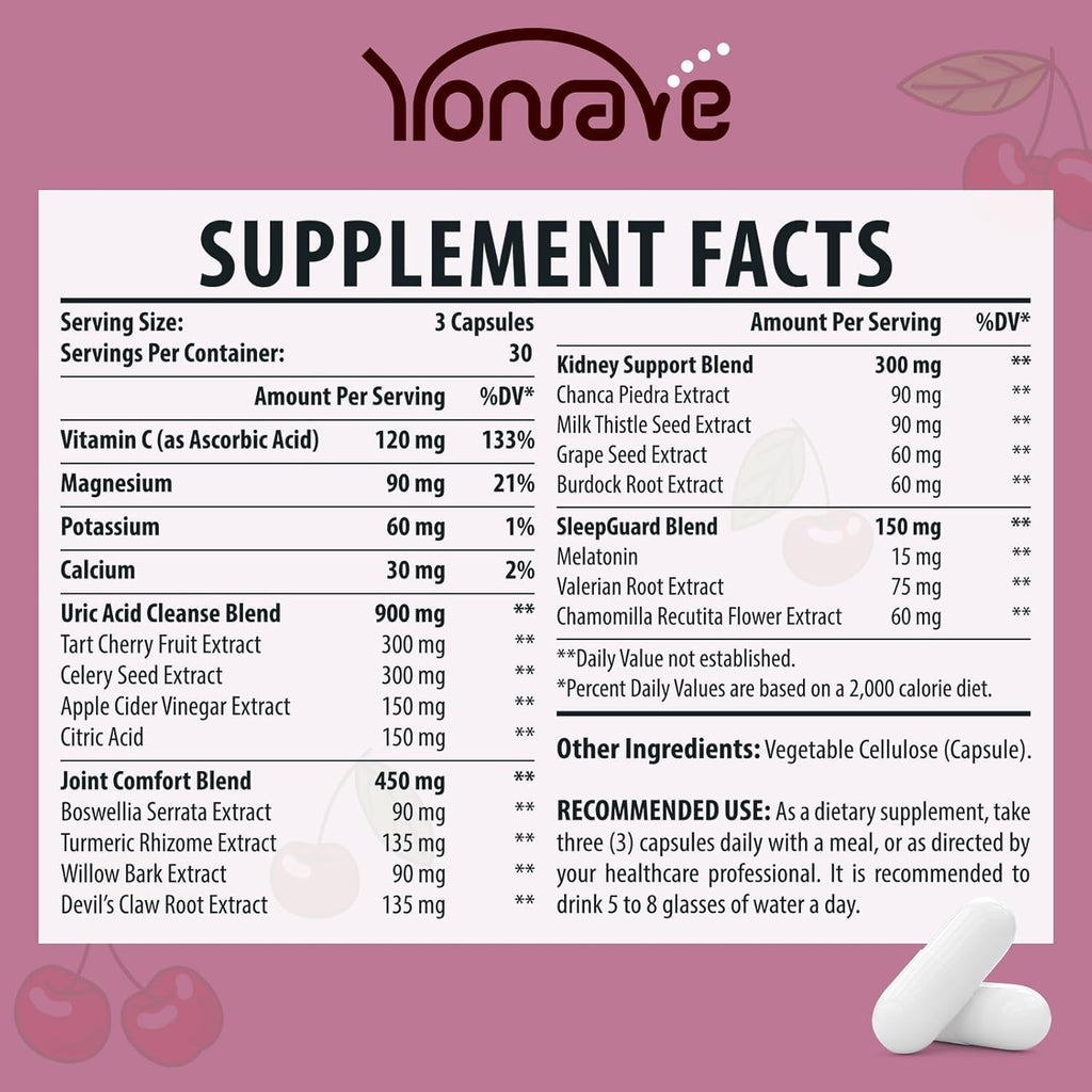 Yonrave Uric Acid Cleanse & Detox - Tart Cherry Capsules, Celery Seed Uric Acid Supplement – Kidney, Joint and Sleep – 90 Veggie Capsules（1 Bottle）