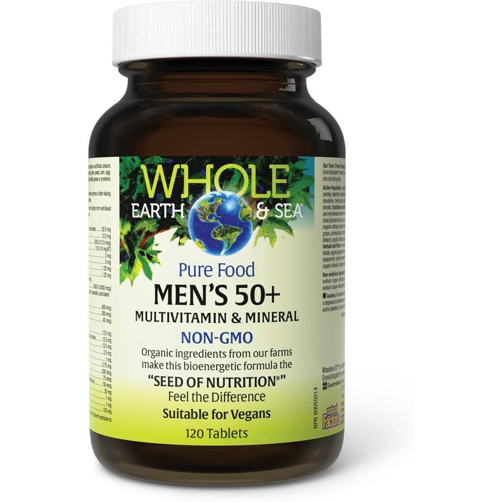 Natural Factors Whole Earth & Sea Men'S 50+ Multivitamin & Mineral - Daily Nutritional Support Multivitamin - Supports Brain Health & Immune System Function - Vegan - 120 Tablets (60 Servings)