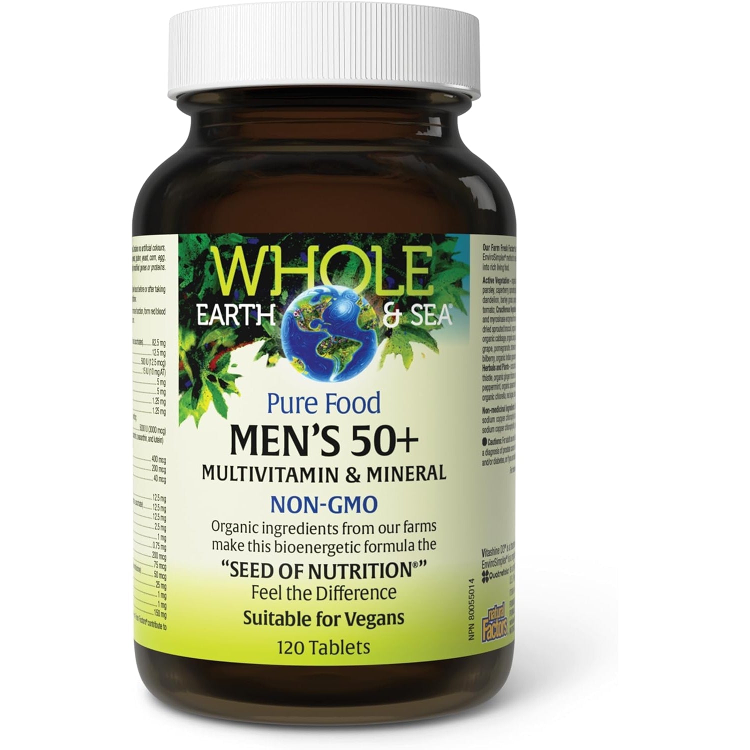 Natural Factors Whole Earth & Sea Men'S 50+ Multivitamin & Mineral - Daily Nutritional Support Multivitamin - Supports Brain Health & Immune System Function - Vegan - 120 Tablets (60 Servings)
