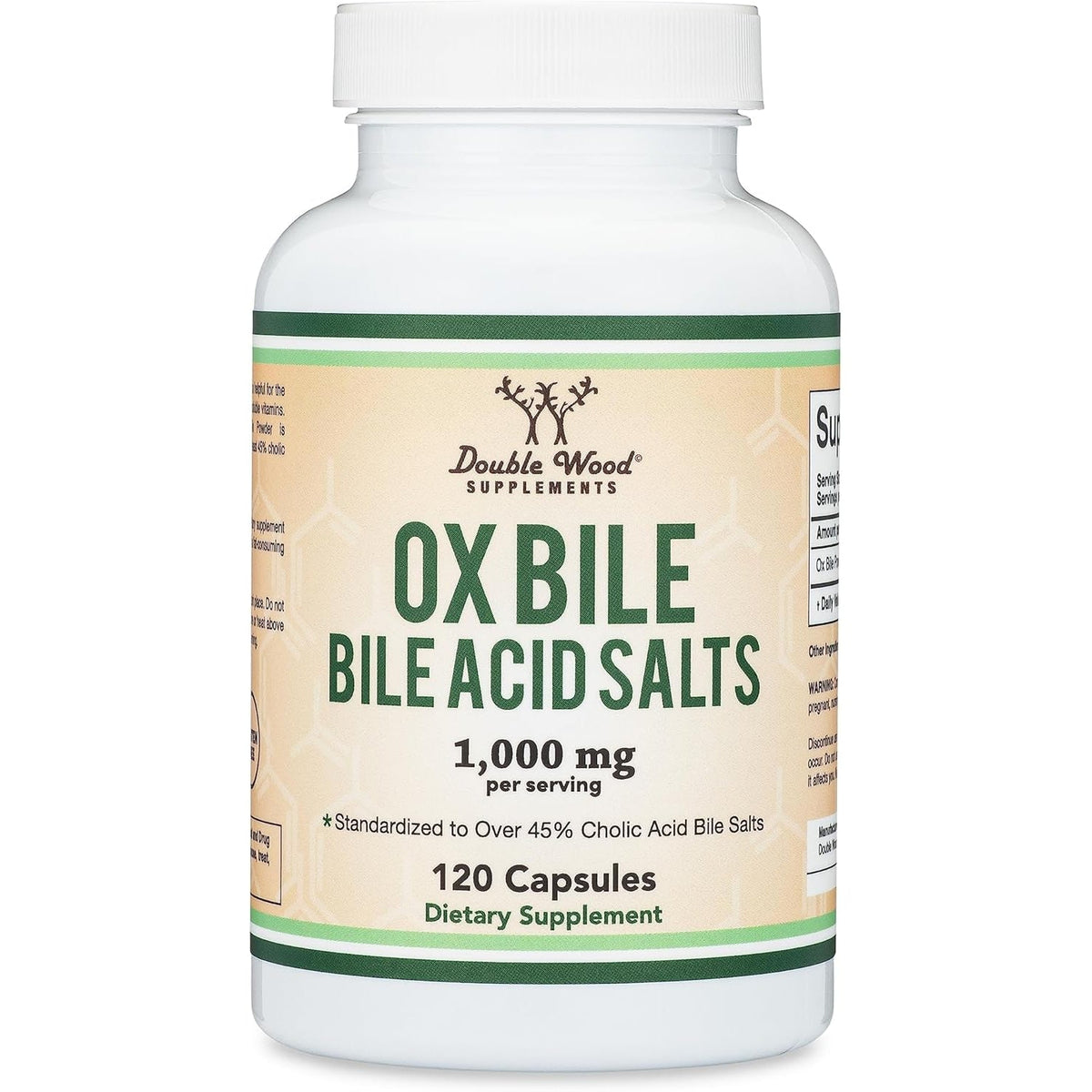 Ox Bile Supplement for No Gallbladder (1,000Mg per Serving, 500Mg per Capsule, 120 Capsules) Standardized to 45% Cholic Acid Bile Salts to Help Address Bile Salt Deficiencies by Double Wood