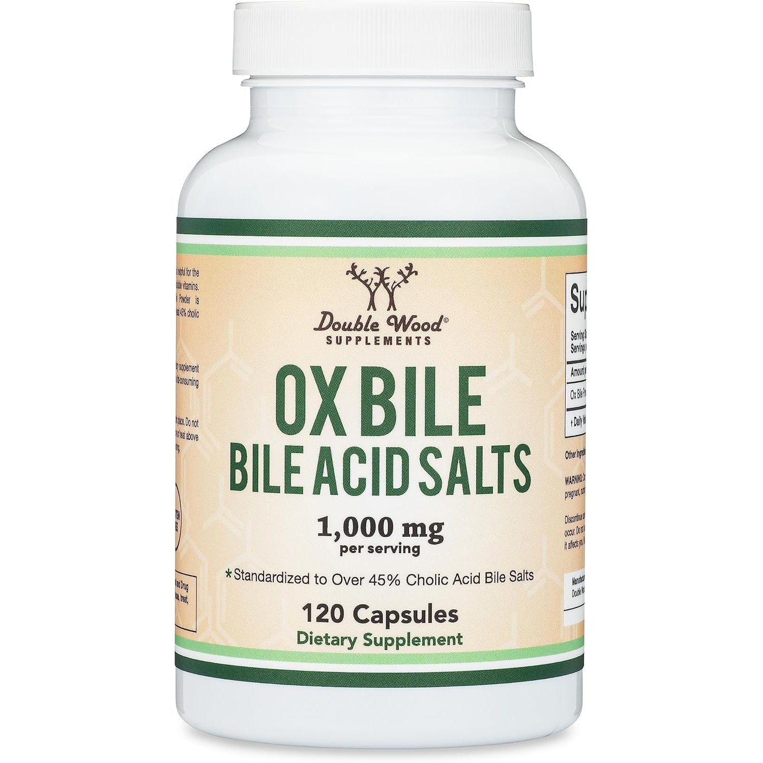 Ox Bile Supplement for No Gallbladder (1,000Mg per Serving, 500Mg per Capsule, 120 Capsules) Standardized to 45% Cholic Acid Bile Salts to Help Address Bile Salt Deficiencies by Double Wood