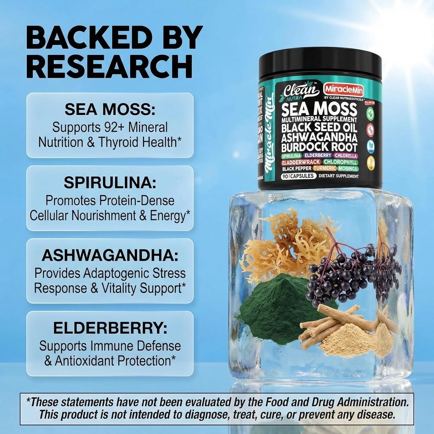 Clean Nutra Organic Sea Moss Capsules with Ashwagandha, Black Seed Oil, Burdock Root, Bladderwrack, Moringa, Chlorella, Spirulina, Turmeric, Elderberry, Amla � 90 Vegan Capsules � Miraclemin