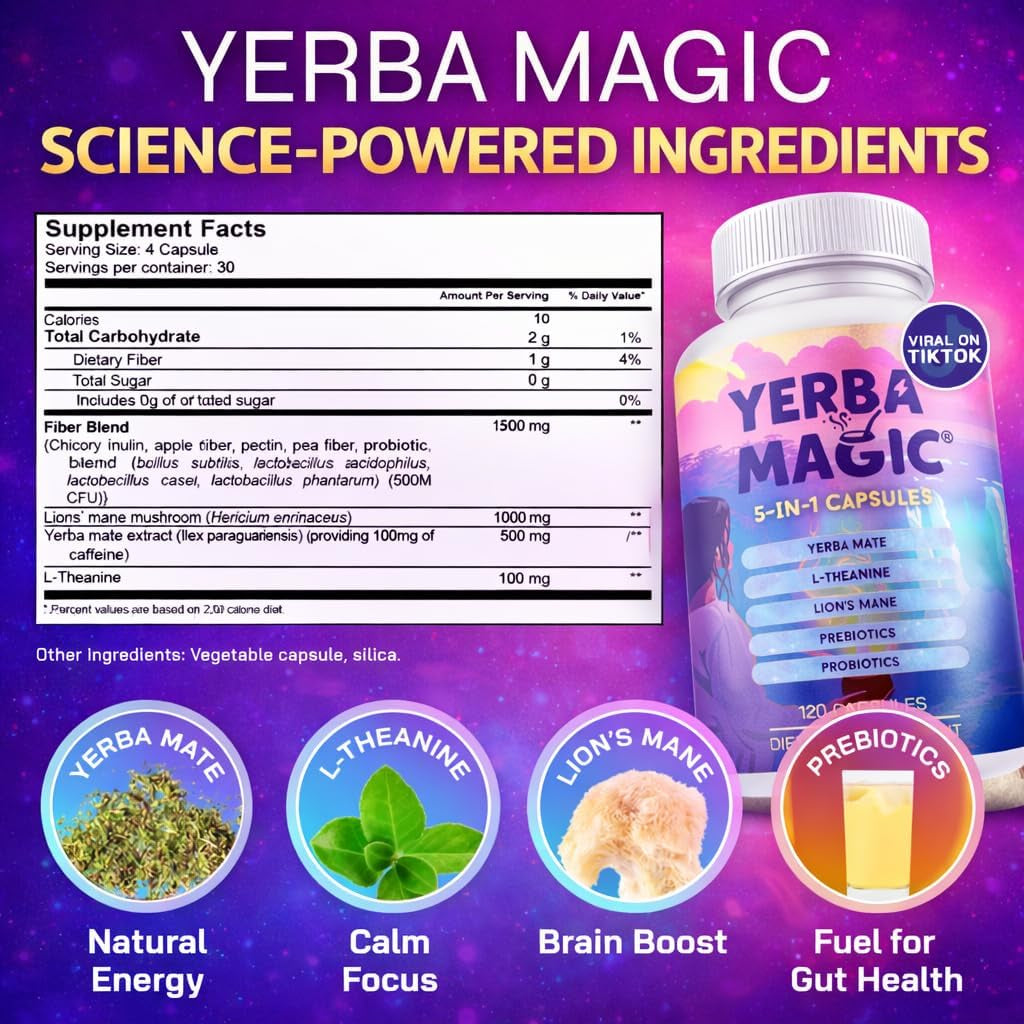 Brainista Yerba Magic 5-In-1 Capsules – Yerba Mate Energy + Lion’S Mane, L-Theanine, Prebiotics & Probiotics - Calm Focus, Gut Support & Clean Energy - 100Mg Natural Caffeine | 30 Servings