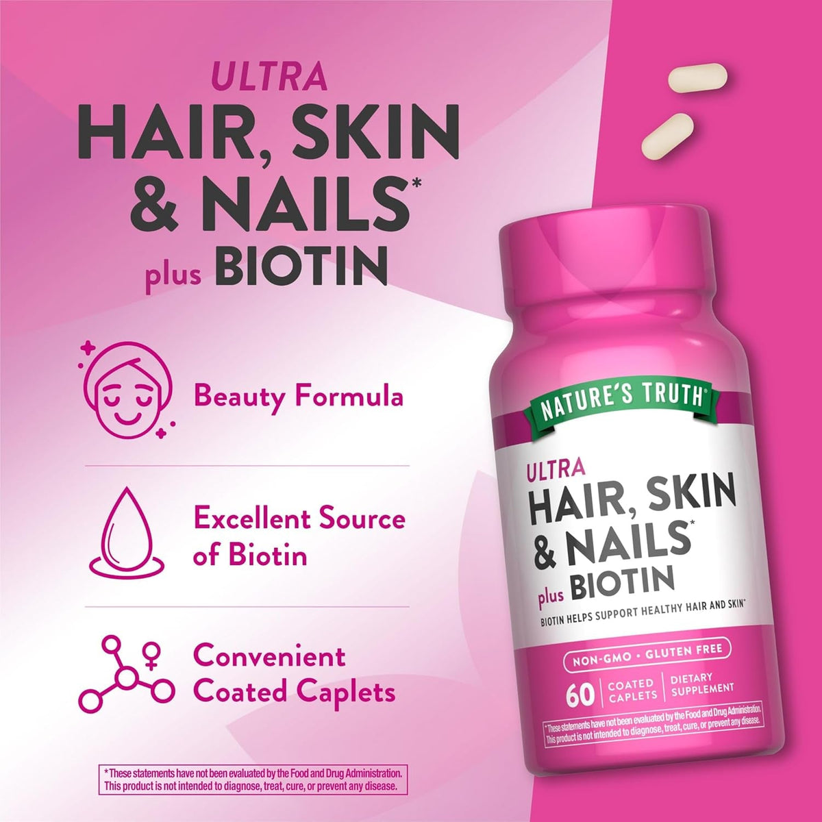 Nature'S Truth Hair Skin and Nails | 60 Caplets | plus 5,000 Mcg Biotin | Non-Gmo & Gluten Free Supplement