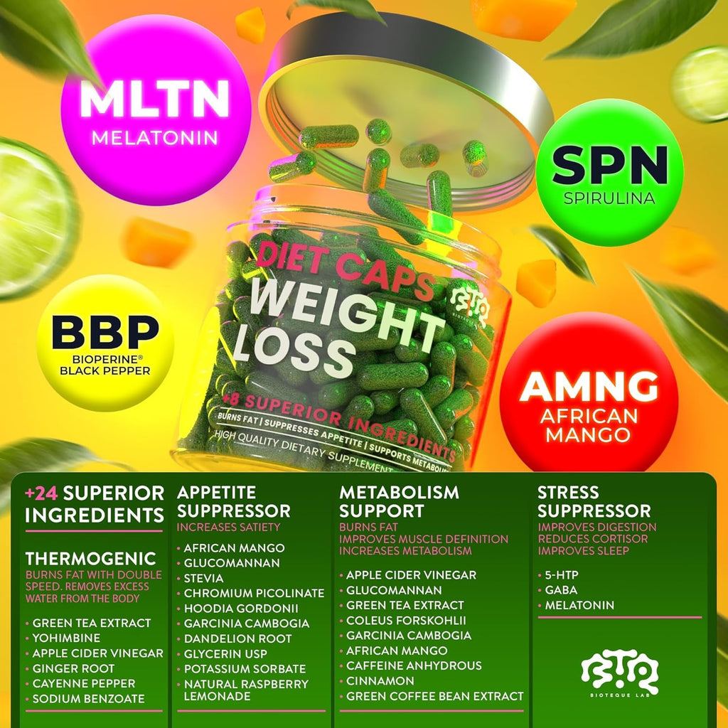BIOTEQUELAB Weight Loss Diet Capsules, Natural Appetite Suppressant, Day & Night Fat Burner for Women & Men with Apple Cider, Green Coffee Bean Extract, Metabolism Booster Supplement - 60 Pills