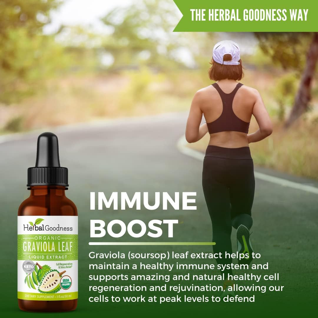 Herbal Goodness Organic Soursop Graviola Leaf Extract 1Oz – 15X Concentrated Guanabana Liquid Tincture | USDA Organic & Kosher Certified | Supports Cell and Immune Wellness | Soursop Bitters Liquid
