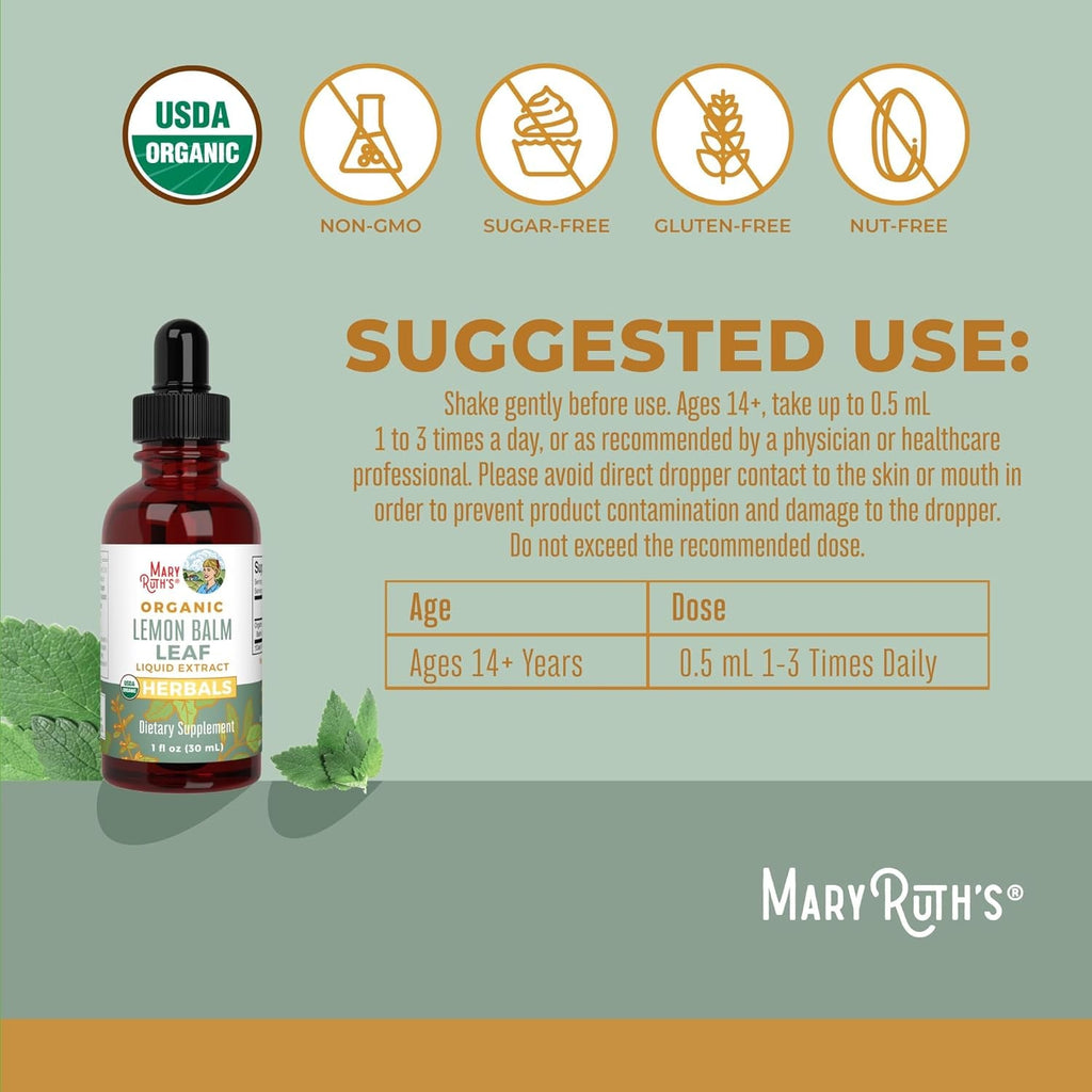 MARYRUTH'S Organics Lemon Balm Leaf Liquid Extract | Mood Support | Relaxation | Calming | Nervine Herbal | Lemon Balm Tincture | USDA Organic | Vegan | Non-Gmo | Gluten Free | 1 Fl Oz