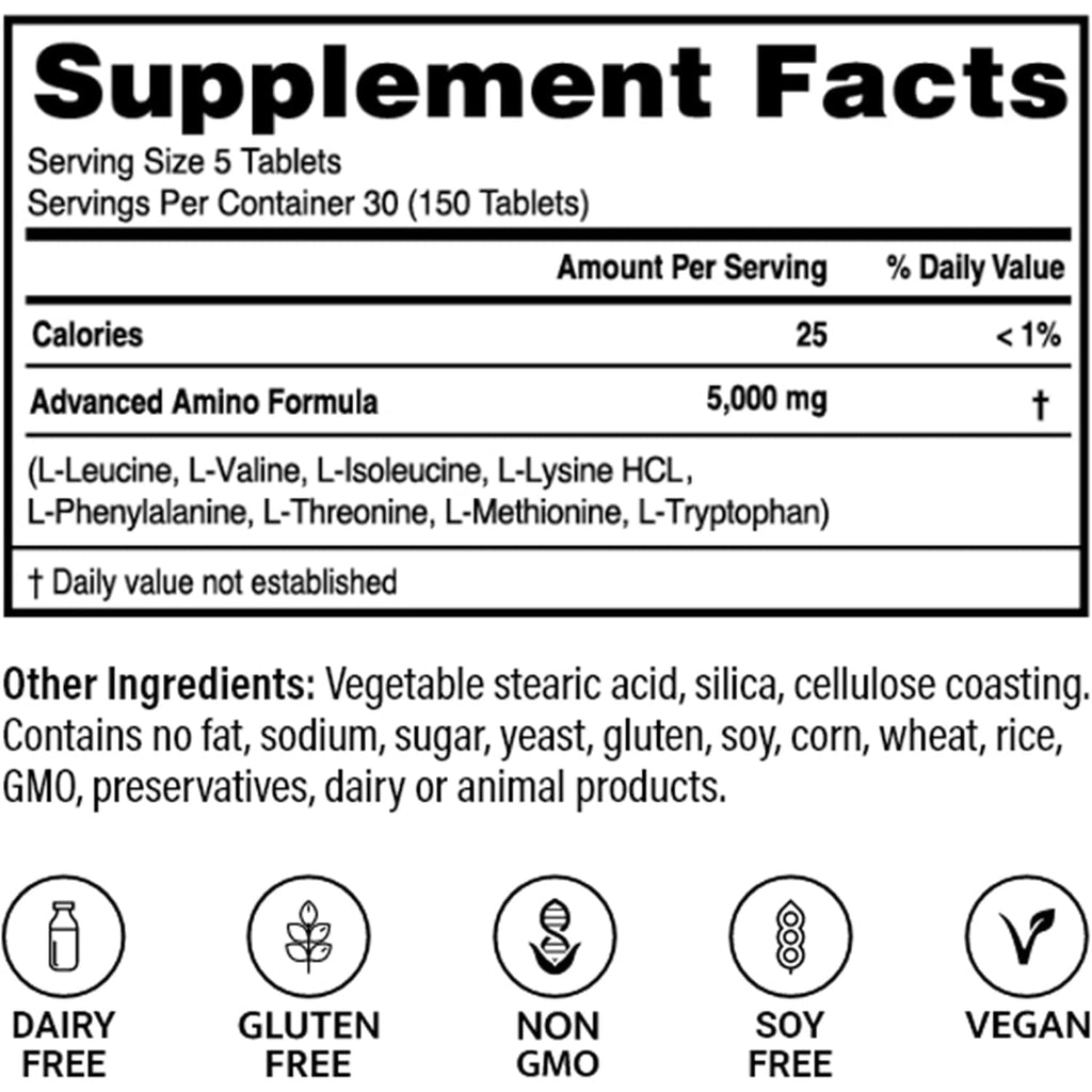 Advanced Bionutritionals – Advanced Amino Formula Tablets, Amino Acid Supplement, Build Muscle, Post Workout Recovery, Energy, Stamina, Non-Gmo, Gluten Free, Dairy Free, Vegan (150 Tablets)
