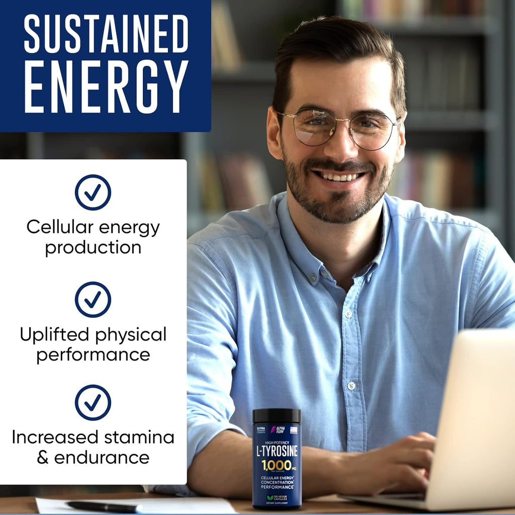 Alpha Flow L Tyrosine 1000MG Capsules - All-Natural L- Tyrosine Supplement for Focus & Energy Boost - Non-Gmo & Gluten-Free - Vegan 150 Caps -500Mg X 2 per Serving