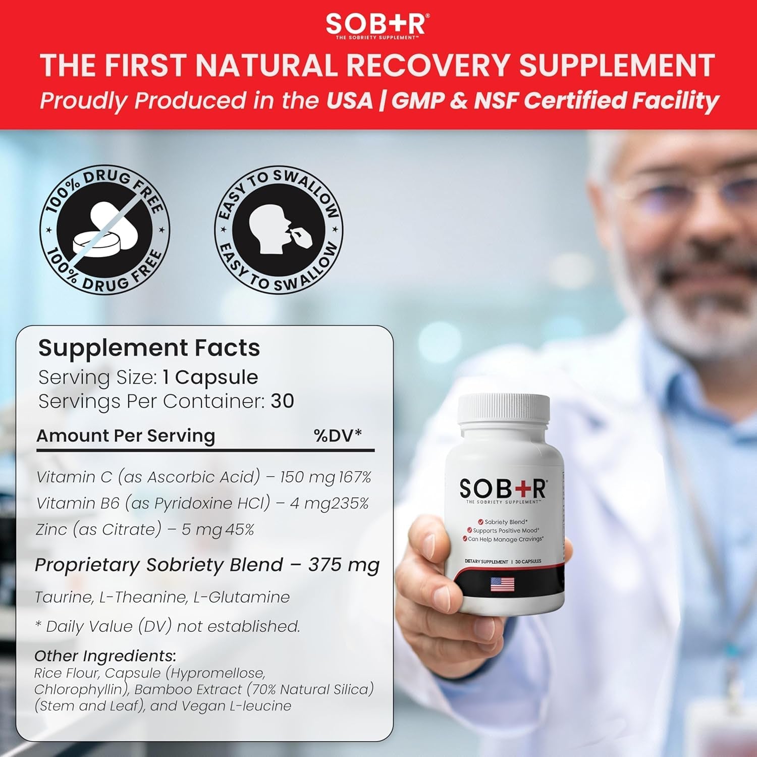 SOB+R Natural Drug Recovery Supplement | Alcohol Craving Blocker for Addiction Support | Restores Nutrients, Boost Mental Clarity | Vegetarian Capsules - Therapist Formulated, Made in USA | 30 Count