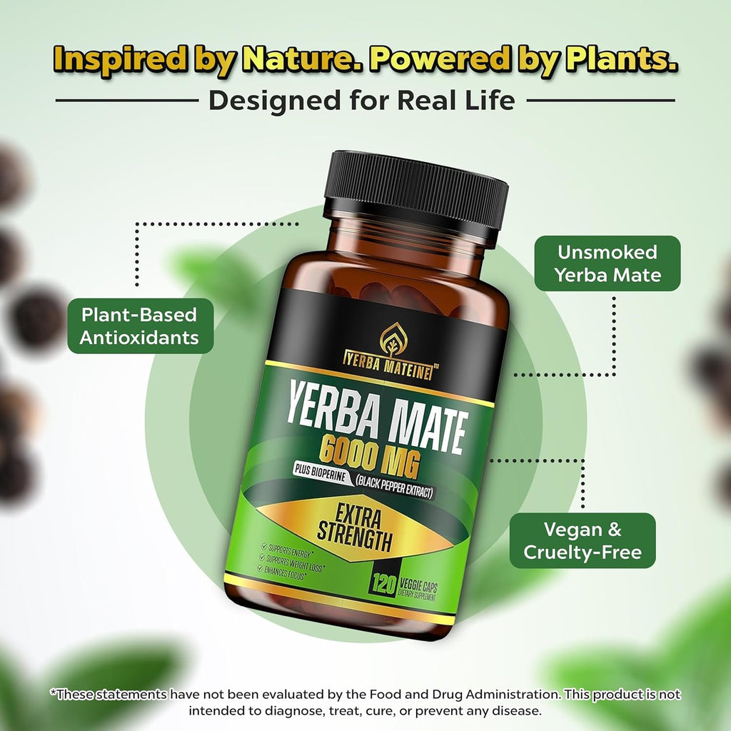 Extra Strength Yerba Mate High Potency, 60Mg Caffeine per Capsule, Extract Pills Supplements for Clean Natural Energy, Made in USA - 120 Caps