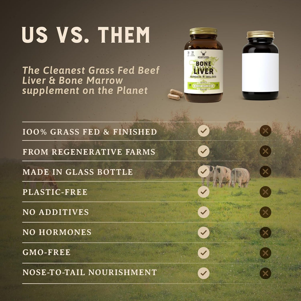 Heart & Soil – 100% Grass Fed & Finished Bone Marrow & Beef Liver from Regenerative Cattle – Supports Bones, Joints, Tissue & Skin – 3000Mg Libido Booster for Women & Men – Glass Bottle – 180 Capsules