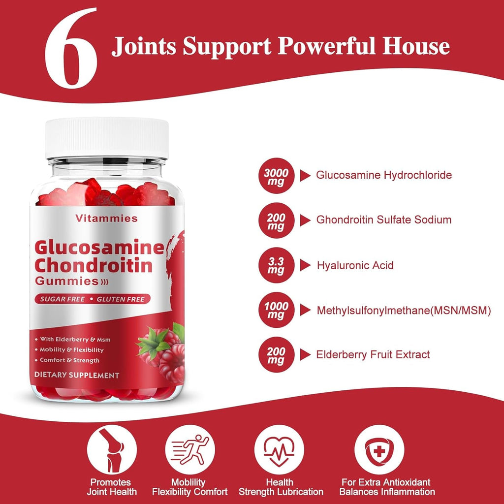 Glucosamine Chondroitin Gummies with MSM & Elderberry Extra Strength - Joint Support, Antioxidant Immune Support Supplement for Adults, Men & Women - 60 Raspberry Gummies