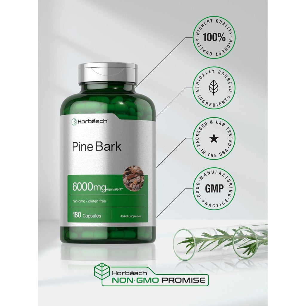 Horbäach Pine Bark Extract | 180 Capsules | Standardized to Contain 75% Proanthocyanidins | Non-Gmo, Gluten Free Supplement | High Potency