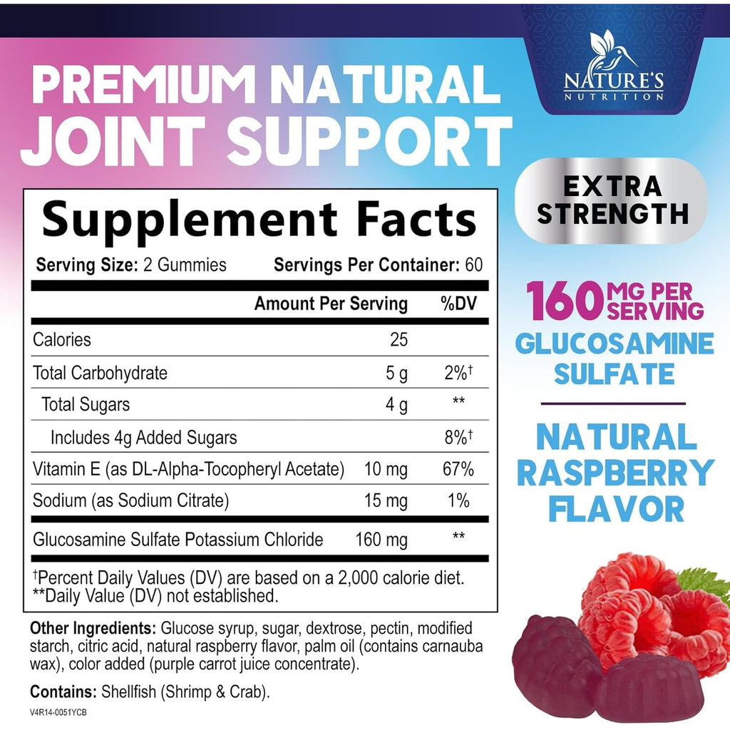 Joint Support Gummies - Glucosamine plus Vitamin E Nature'S Joint Support Supplement for Occasional Discomfort for Back, Knees & Hands - Cartilage & Joint Health & Flexibility Support - 120 Gummies
