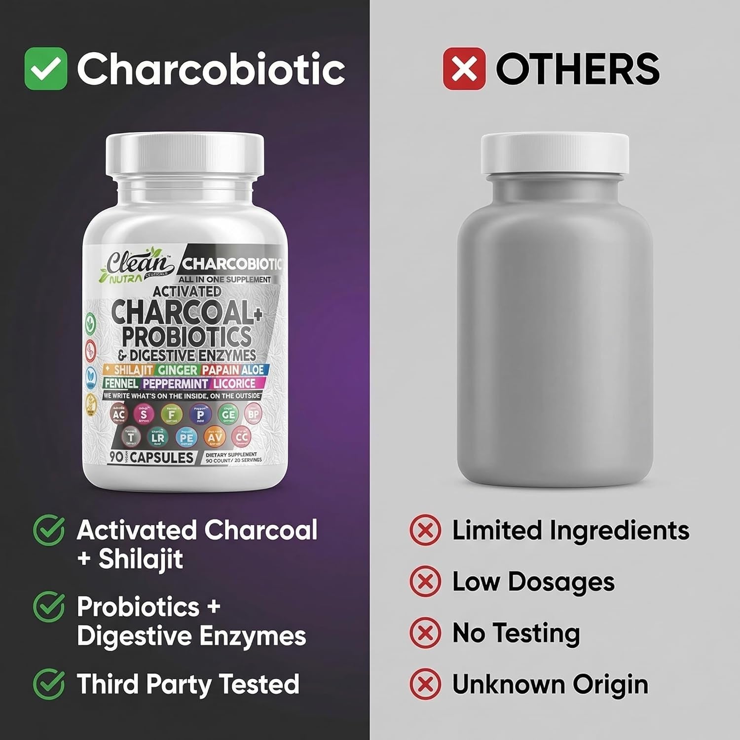 Activated Charcoal Pills for Gas Relief and Debloat, Charcobiotic with Probiotics Digestive Enzymes Shilajit Peppermint Fennel Ginger Turmeric Licorice Root Aloe Vera Ceylon Cinnamon, Clean Nutra 90Ct